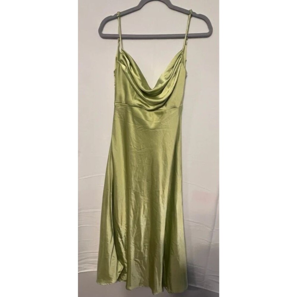 Sage Green Satin Cowl Neck Midi Slip Dress Size L Adjustable Straps